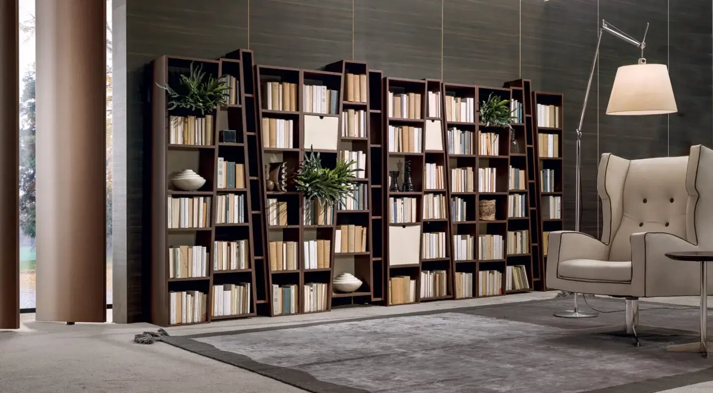 Distinguished 4 Mariani Beat bookcase crafted in wood veneer with saddle leather holders and a dark brown finish