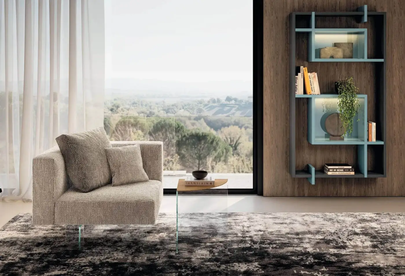 Distinguished Lago Air lounge chair with light brown textile upholstery and textured matte finish, supported by tempered glass legs with a feather cushion