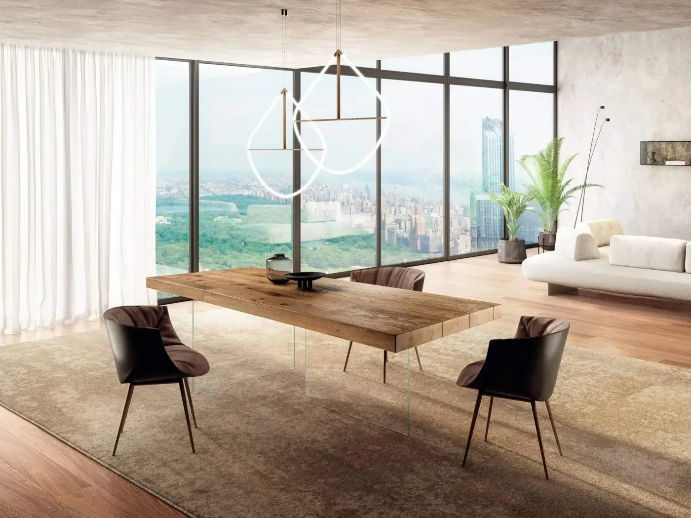 Distinguished Lago Air table crafted in Wildwood oak with matte finish and clear tempered-glass legs creating an ultralight appearance