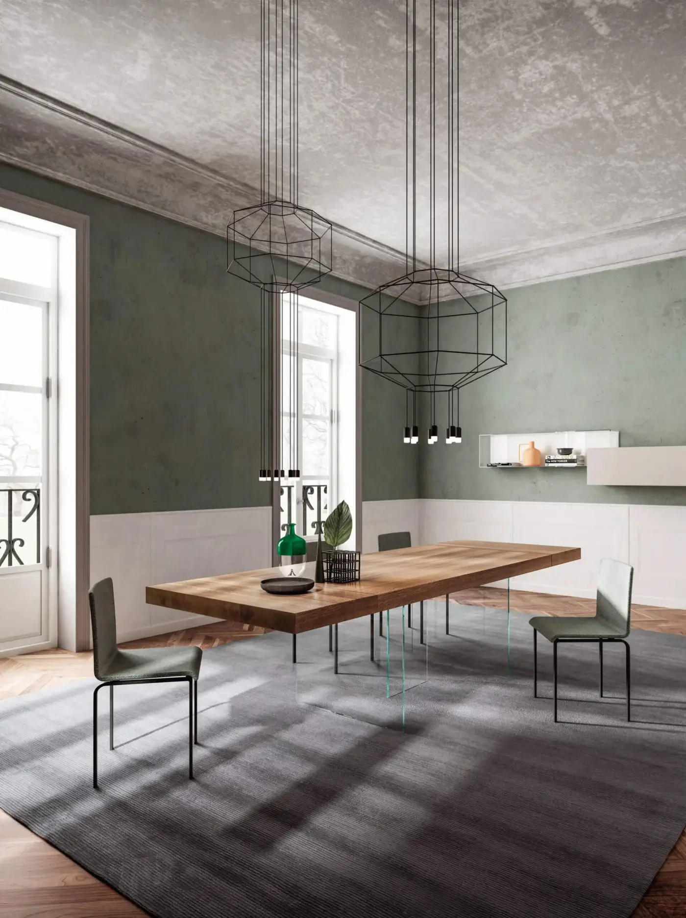 Exceptional Lago Air extendable table with Wildwood oak top, matte finish and elegant tempered glass legs