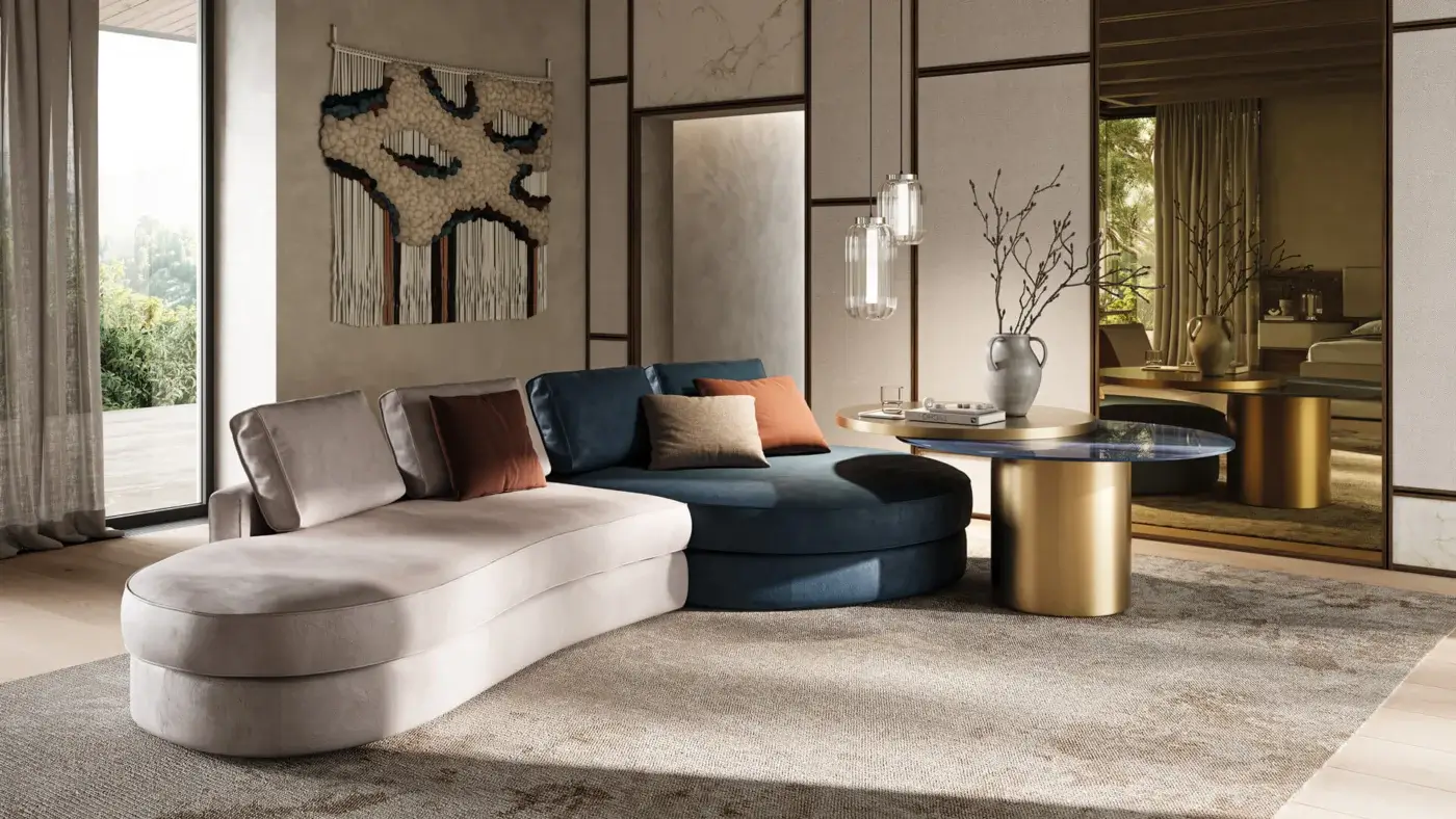 Captivating Reflex Move coffee table with overlapping tiers in deep blue Marble Glass and glossy golden finish