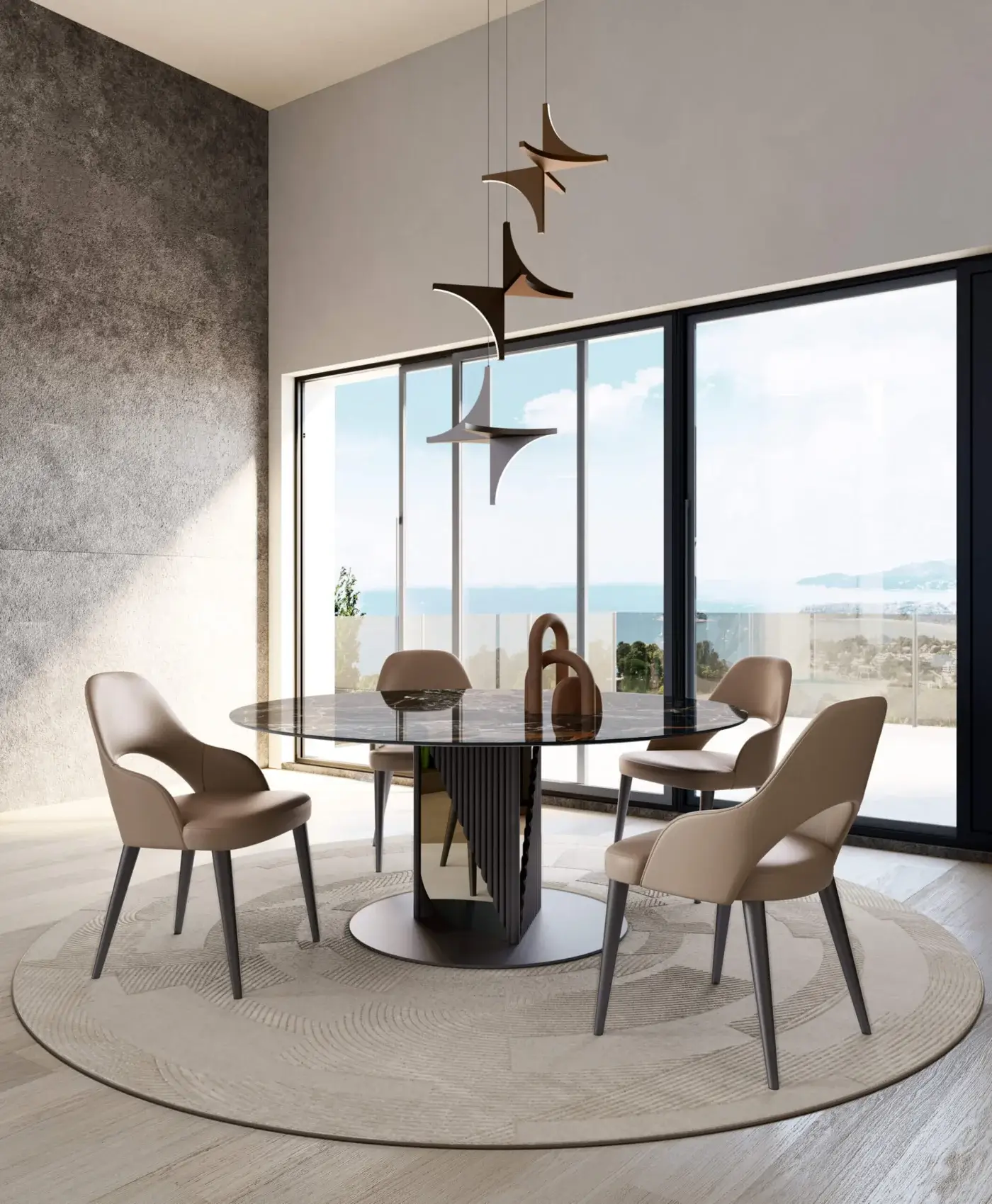 Exceptional Bizzotto Italia Pirouette table with black-marbled glass top and faceted tubular profiles built upon a dark metal disc