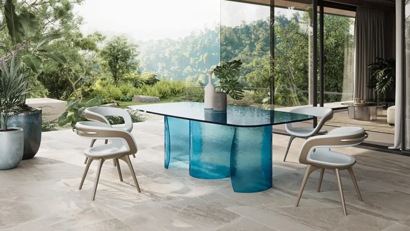 Exceptional Reflex Petalo Acqua table with rectangular Acqua glass top and three translucent blue textured glass supports