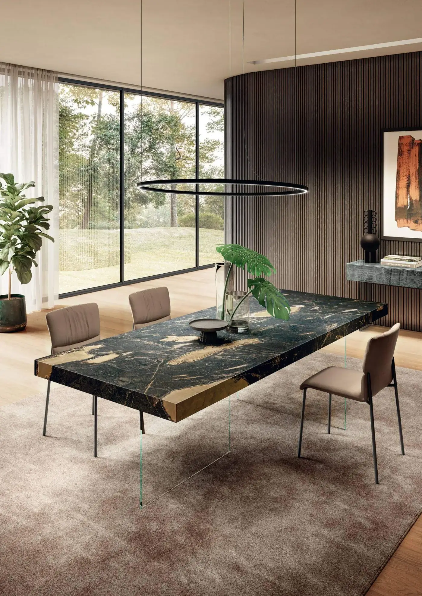 Exceptional Lago Air table with monolithic XGlass tabletop exhibiting black, gold, and brown marble-like patterns and clear tempered-glass legs