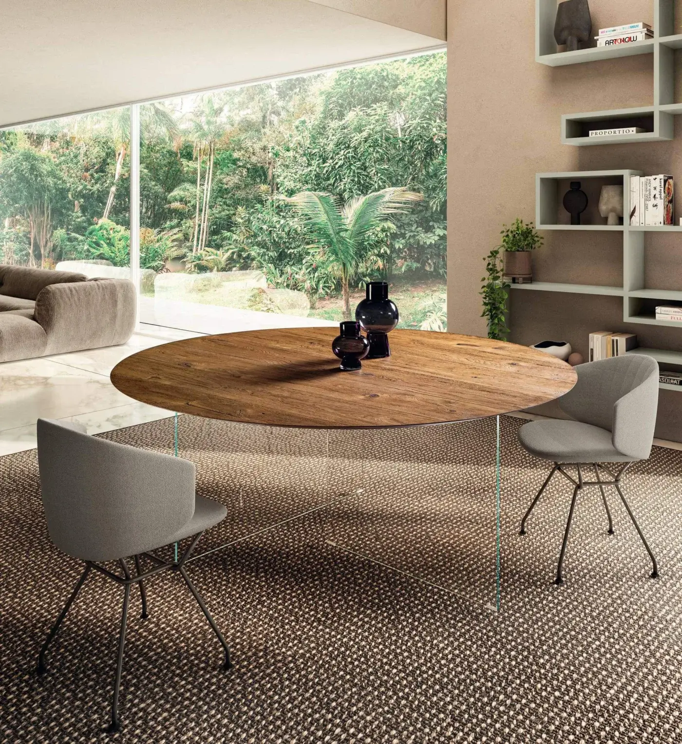 Distinguished Lago Air Slim round table with a light brown wood-grain tabletop and transparent tempered-glass supports with a sleek matte finish