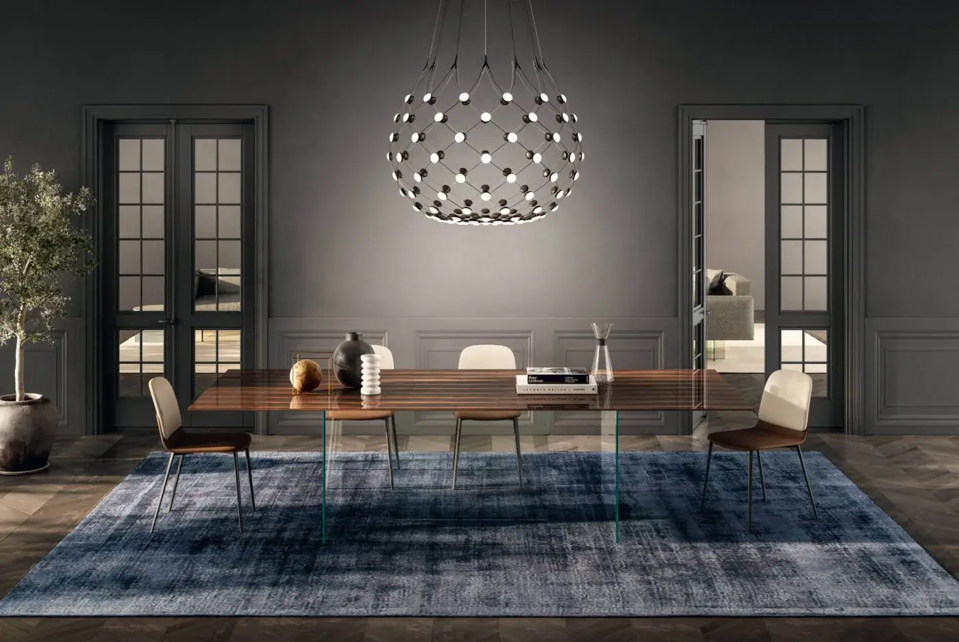 Superior Lago Air Slim table with striped brown wood top and transparent tempered-glass supports with glossy finish
