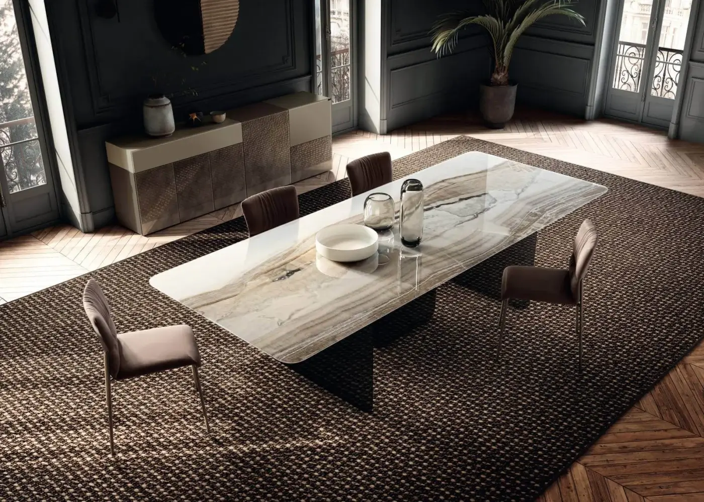 Exceptional Lago Air Soft table with rounded shape, tempered-glass legs and beige, white, gray marble-patterned XGlass top with glossy finish