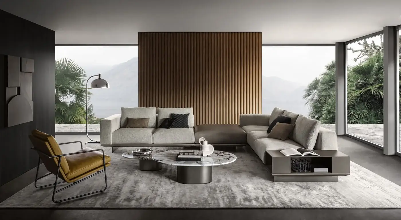Exceptional 4 Mariani Asso sectional sofa with light gray textile and saddle leather accents crafted with a matte finish