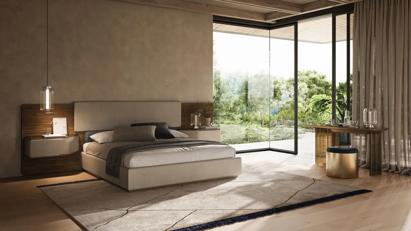 Distinguished Reflex Wave XL bed with wooden structure and light beige textile upholstery, smooth matte finish with polished steel details