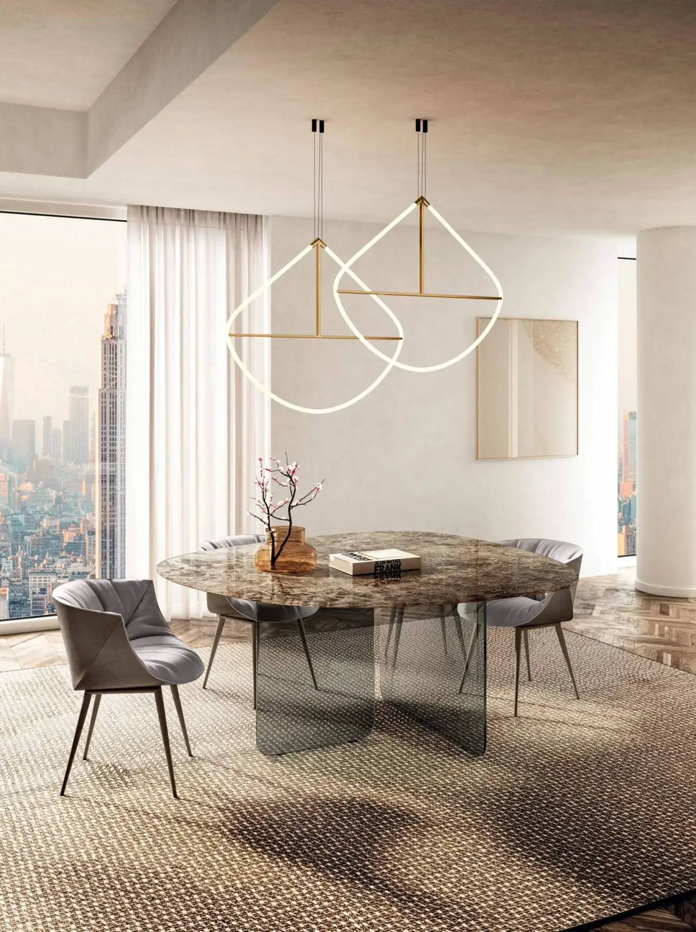 Superior Lago Air Organic table with swirling brown, beige, and gray XGlass tabletop and transparent tempered-glass legs with glossy finish