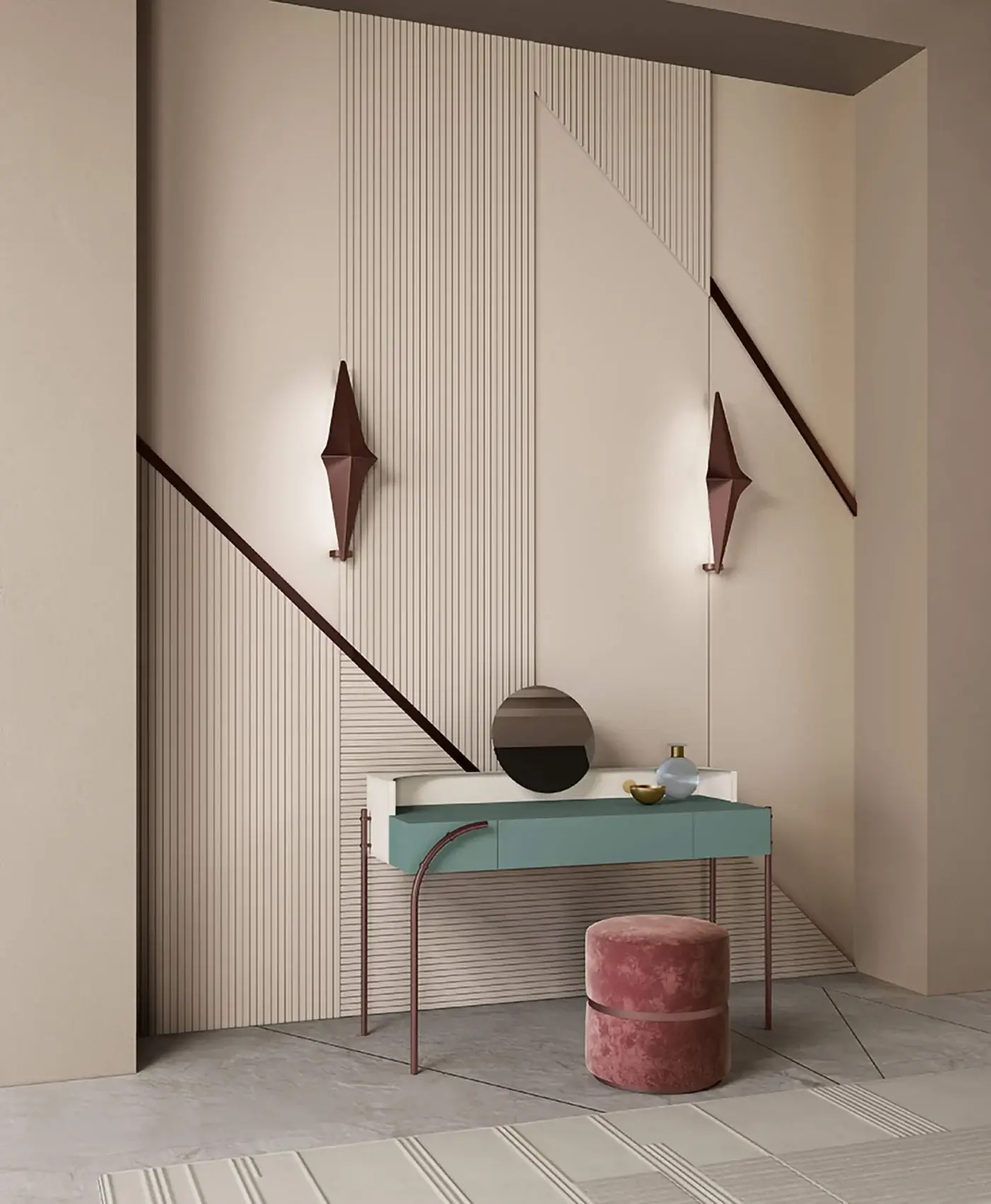 Elegant Bizzotto Italia Scene vanity desk with light green lacquered structure, white top and reddish-brown metal legs, crafted in premium leather