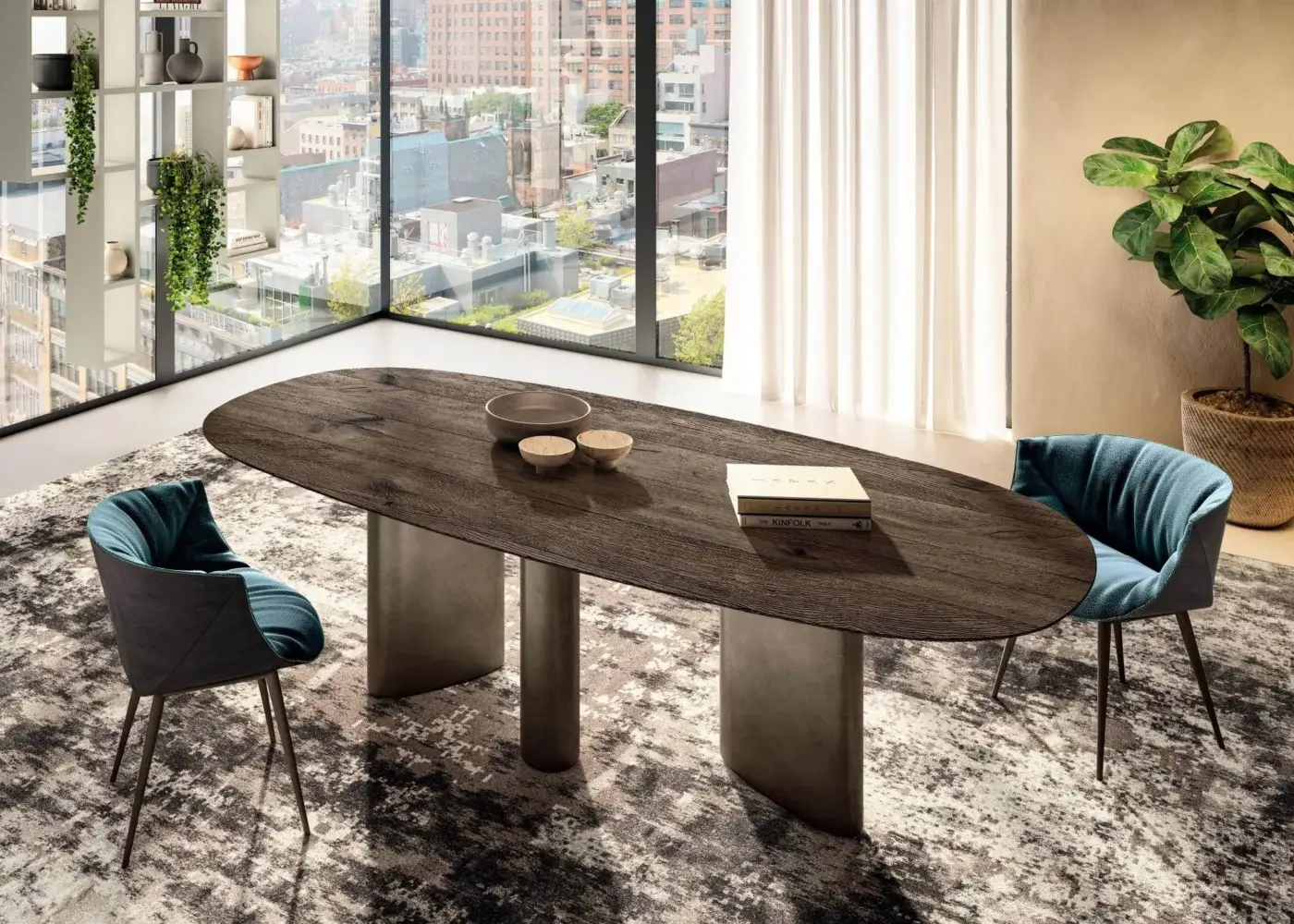 Exceptional Lago Hoa table crafted in Italy with a dark wood-like surface and matte neutral grey pillar legs