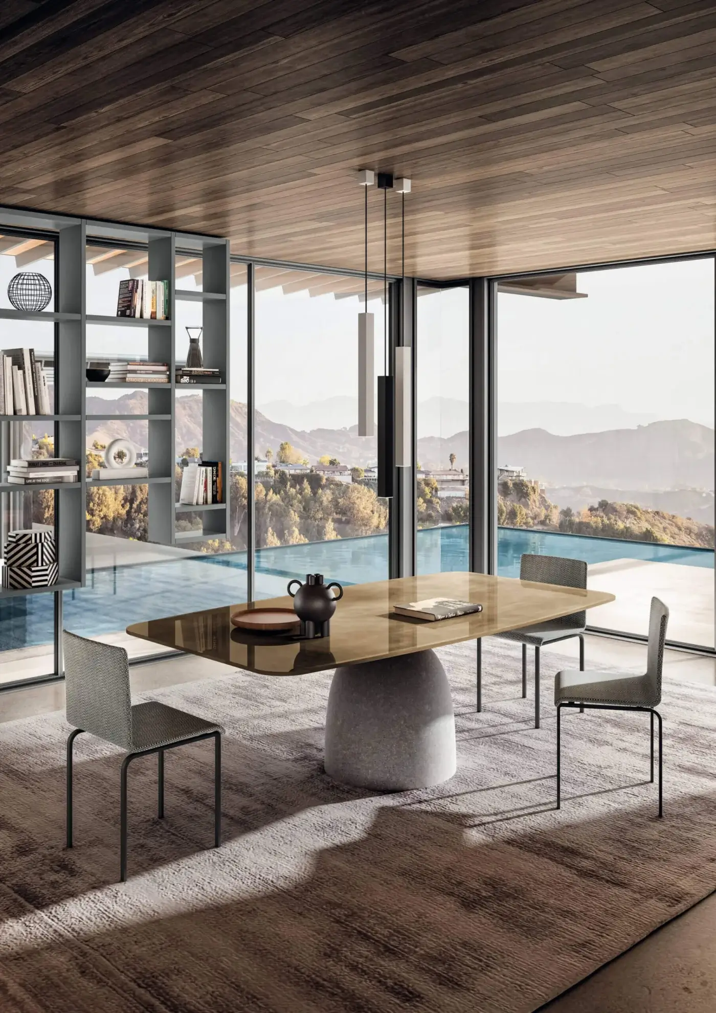 Exceptional Lago Janeiro table with concrete base and amber-toned glass tabletop, built with dark metal legs and glossy finish