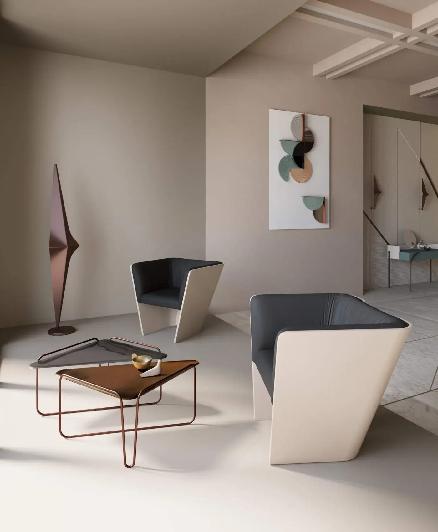 Elegant Bizzotto Italia Noshi floor lamp in aluminum with a copper-bronze finish and origami-inspired directional design