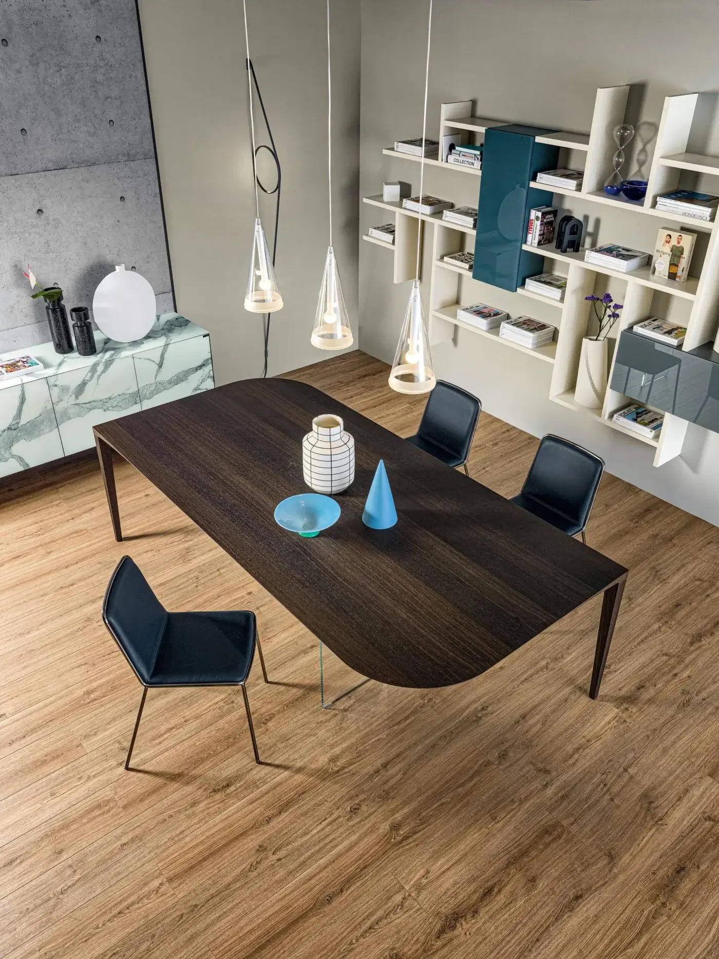 Distinguished Lago P&J table crafted in centenary oak with a matte Wildwood top and dark blue upholstered chairs with metal legs