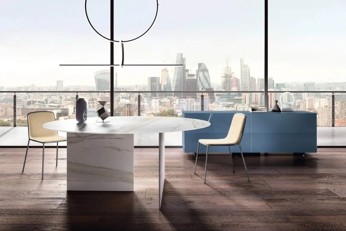 Superior Lago Stratum table with round XGlass top mimicking marble and stratified glass base creating a light beige and white finish