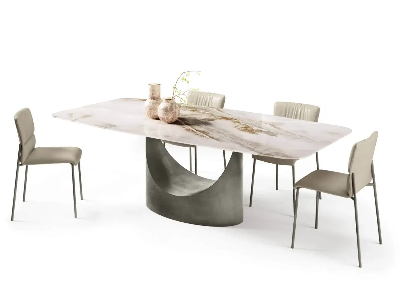 Superior Lago U shaped table with swirling white, beige and gold marble-like pattern and modern gray pedestal base