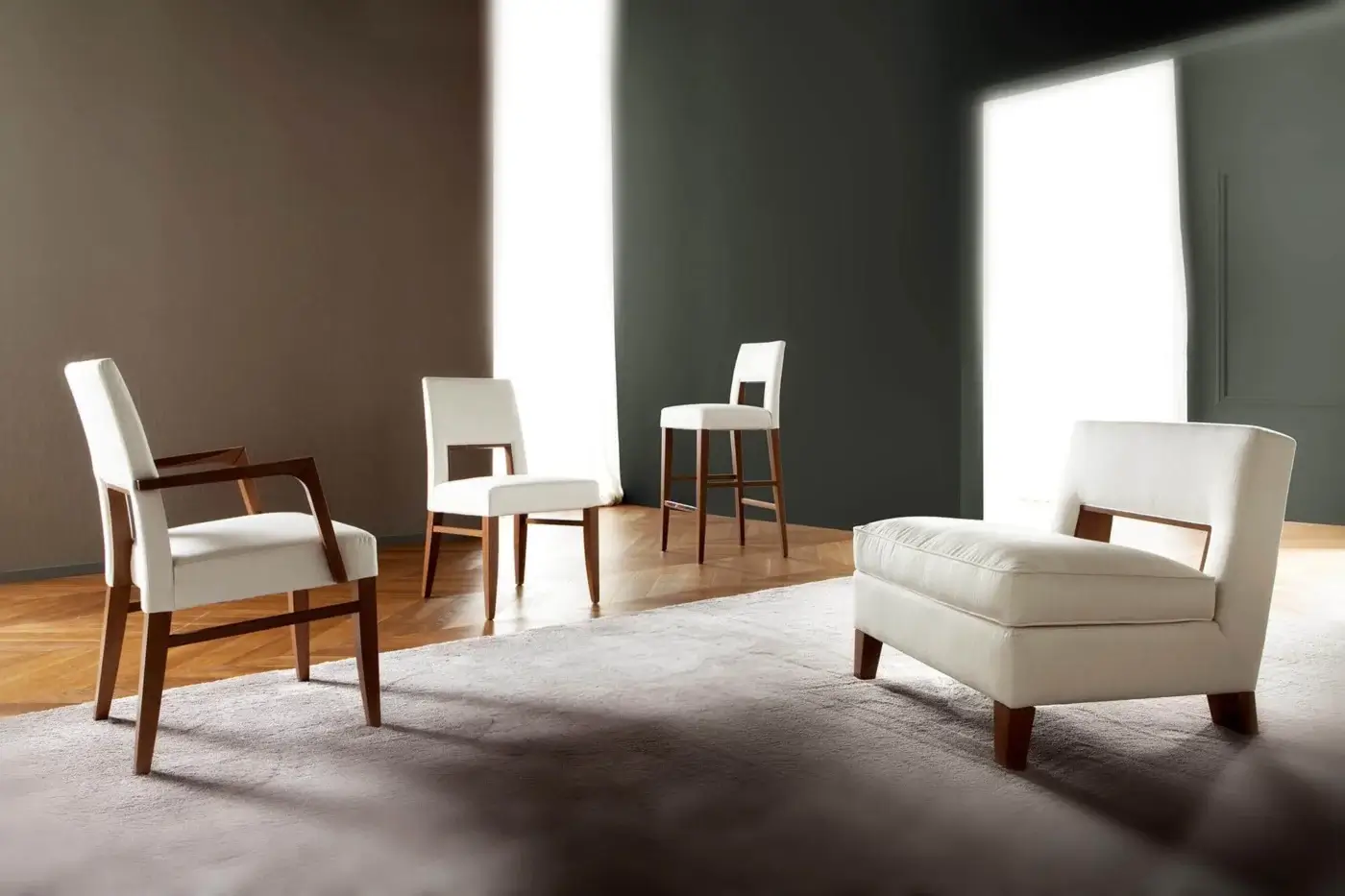 Superior Costantini Pietro Blues stool crafted in beech wood with crisp white upholstered seat and matte finish