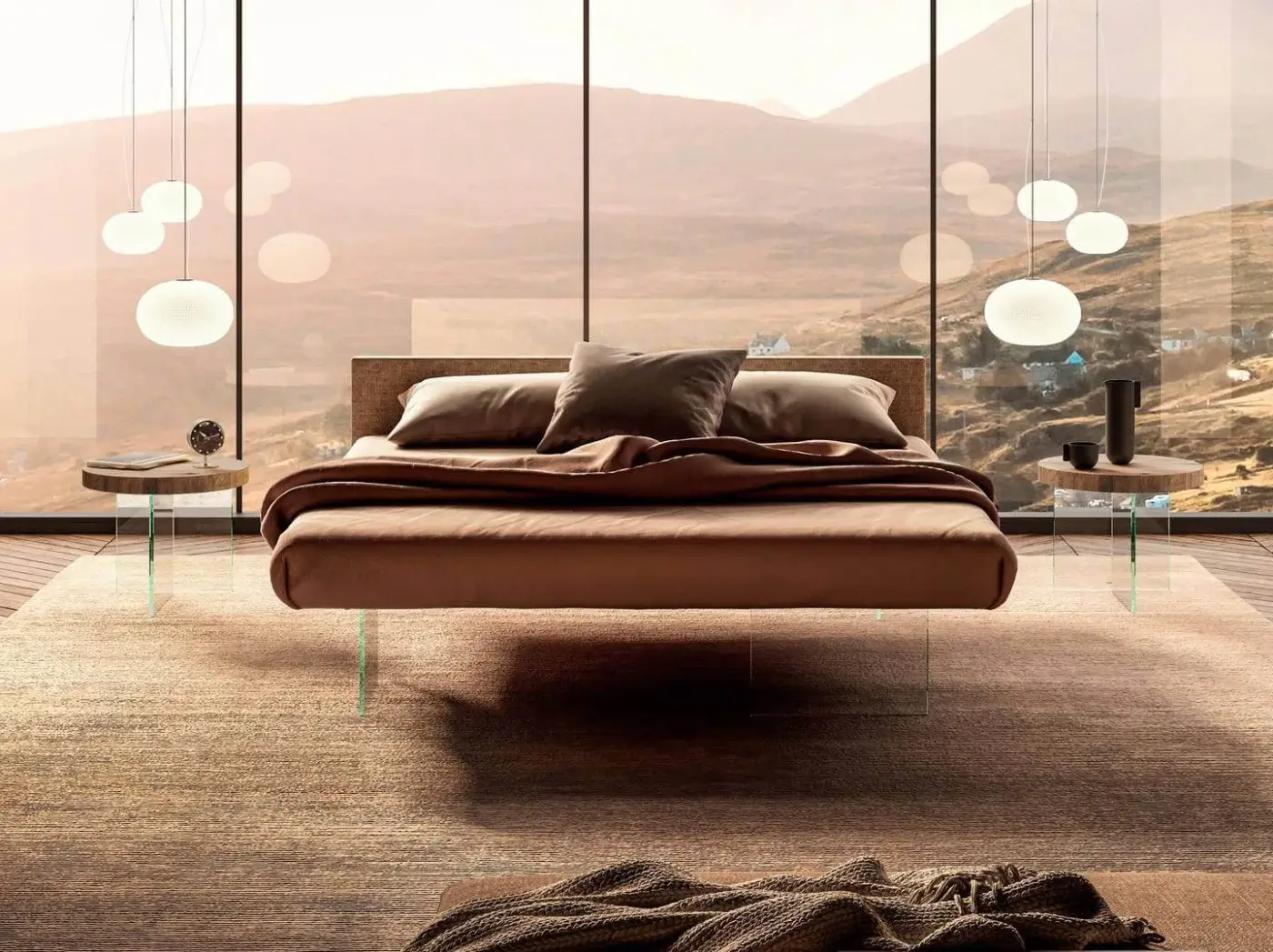 Elegant Lago Air bed with brown textile upholstery, extra-clear tempered glass supports and matte finish