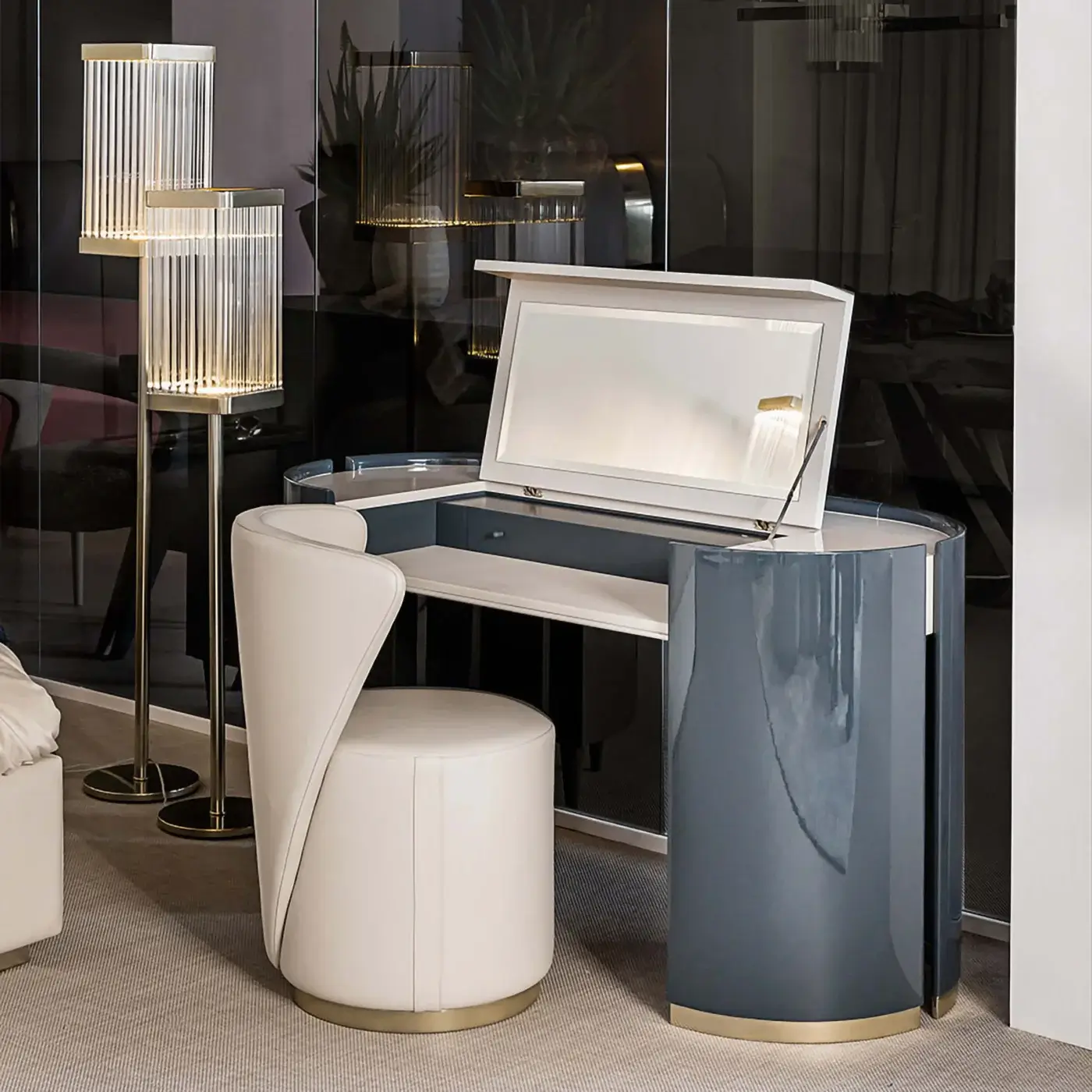 Elegant Bizzotto Italia Ikat vanity desk in glossy dark grey-blue with light leather interior and off-white textile stool