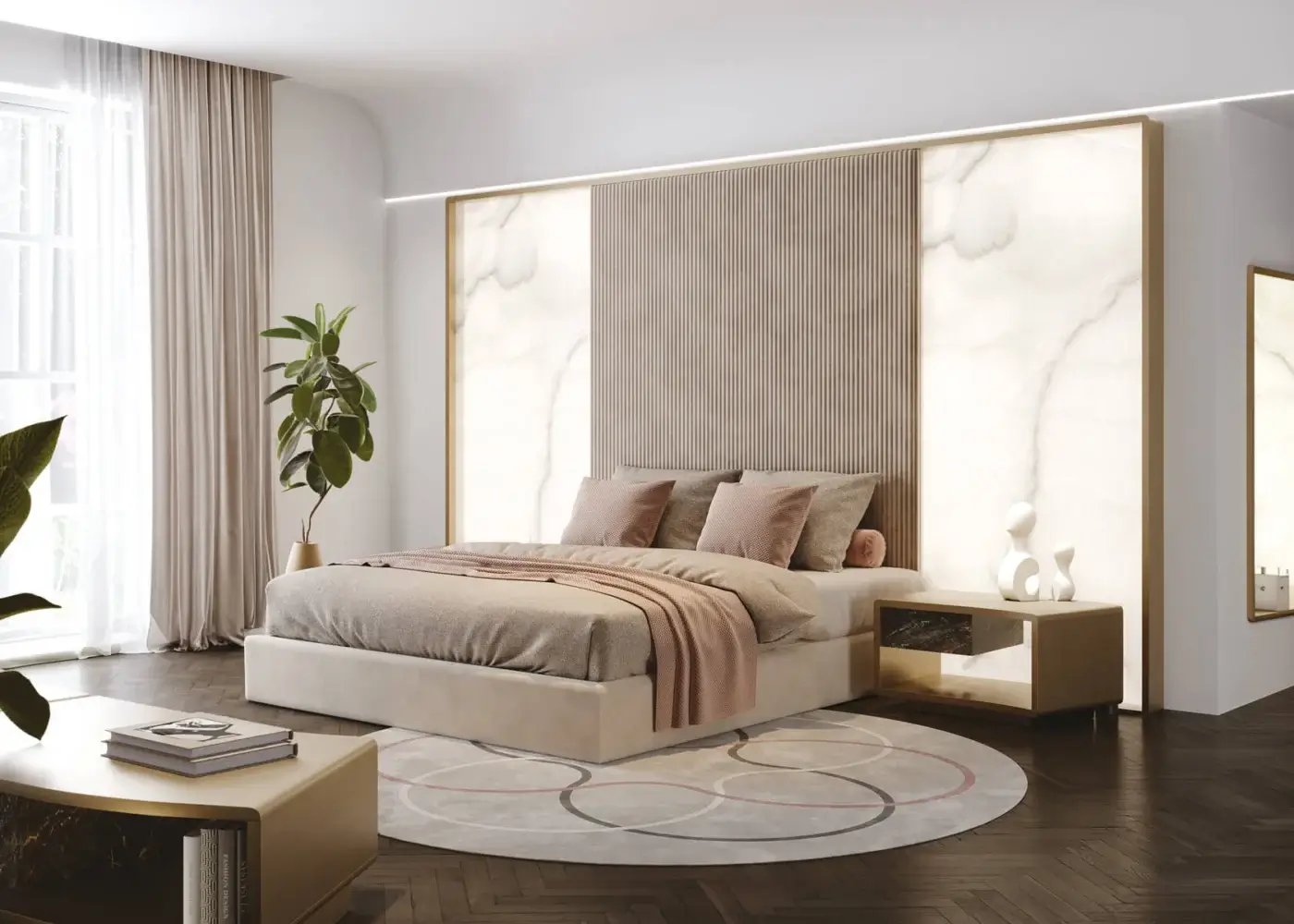 Exceptional Reflex Space XL bed with padded beige textile, quilted tan panel and illuminated translucent white MarmoReflex wings framed in bronze
