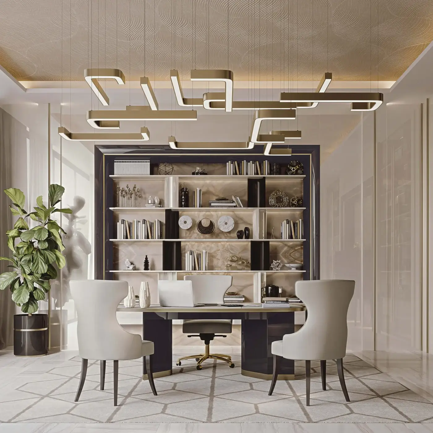 Superior Bizzotto Italia Horizons suspension lamp with a maze-like geometric design in matte 24KT gold galvanization