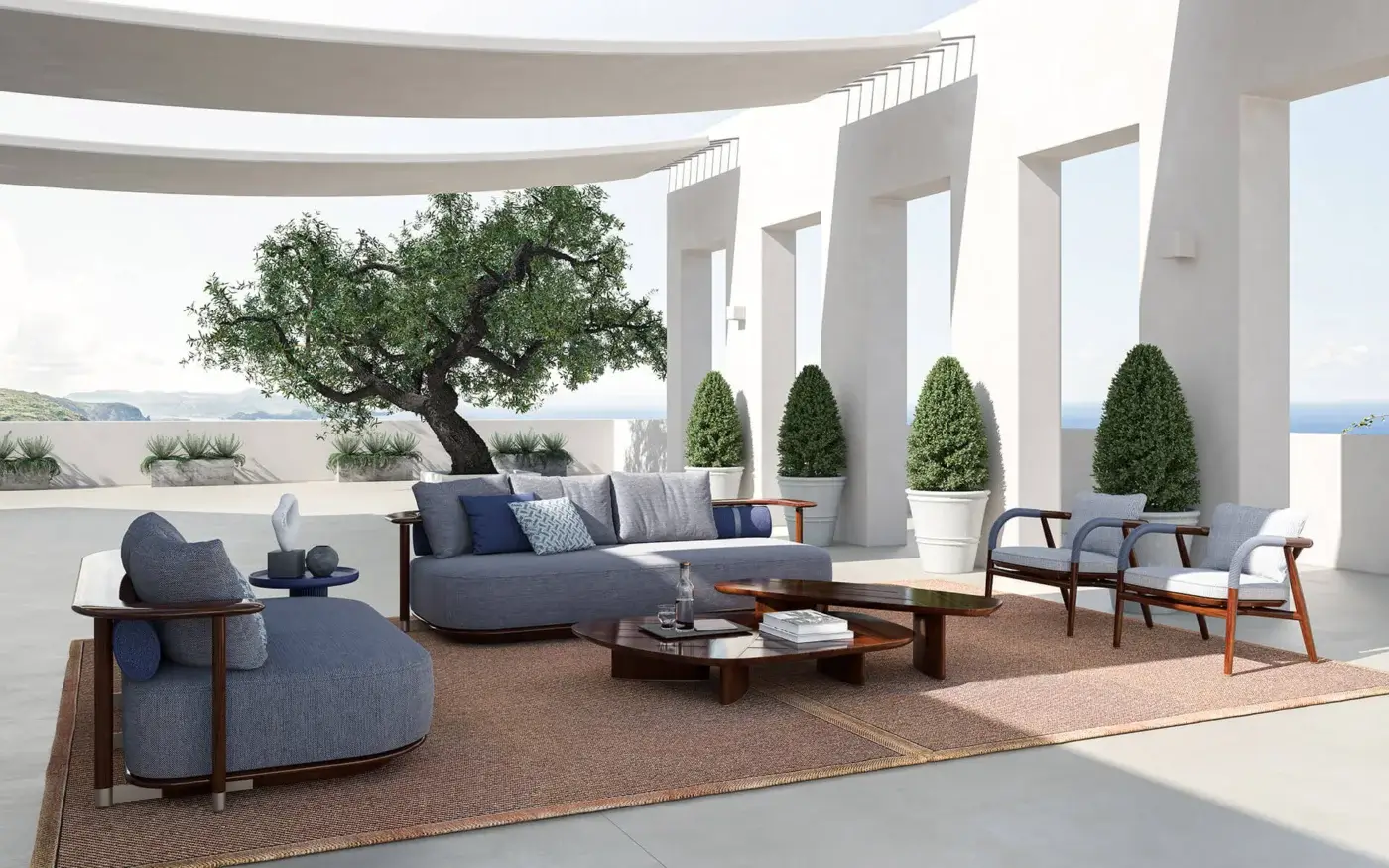 Distinctive CPRN Homood Pedro sofa upholstered in light gray premium fabric with a glossy wood frame outlining the base and armrests