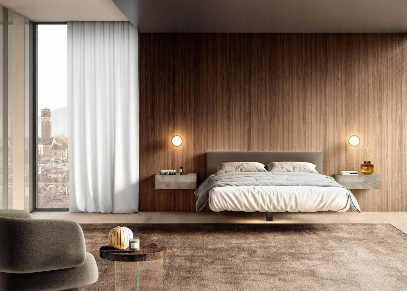 Distinguished Lago Fluttua bed with a height-adjustable central support and imperceptible HPL base upholstered in light taupe textile