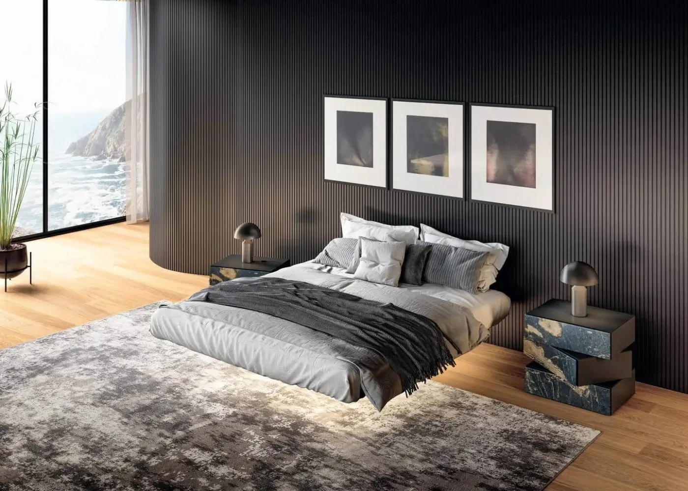 Avant-garde Lago Fluttua bed, a remarkable bed with light and darker gray tones built with a magical HPL base, made in Italy