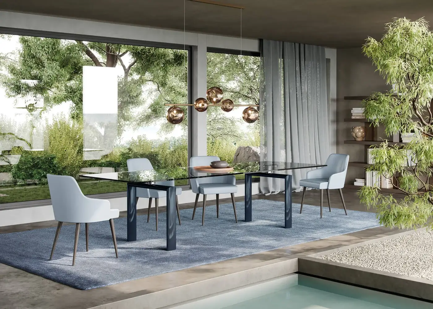 Superior Reflex Policleto table, a sleek table with transparent tempered glass and glossy dark-finished oval metal legs