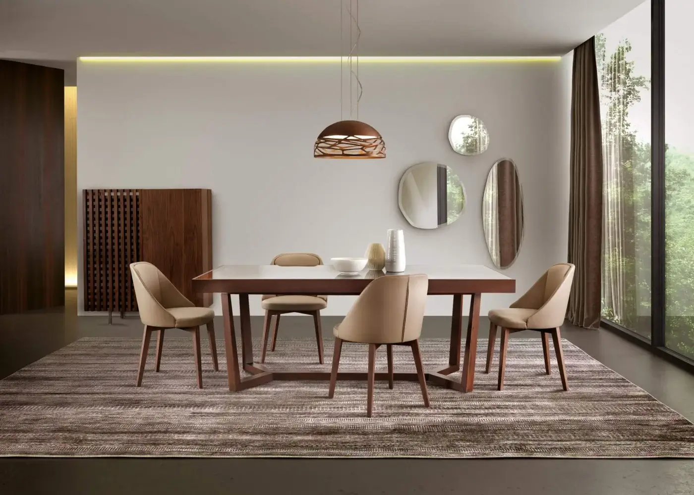 Harmonious Pacini & Cappellini Aliante table with solid ash wood legs and glossy veneered wood tabletop