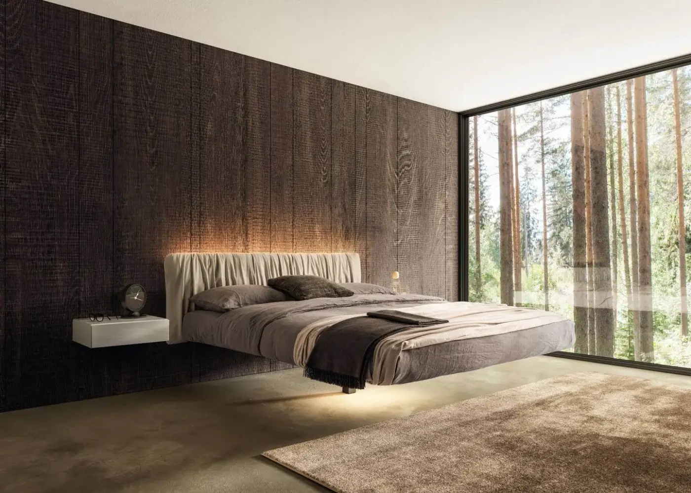 Innovative Lago Fluttua Replis bed with calming matte gray textile upholstery and vertically pleated headboard built with an HPL base