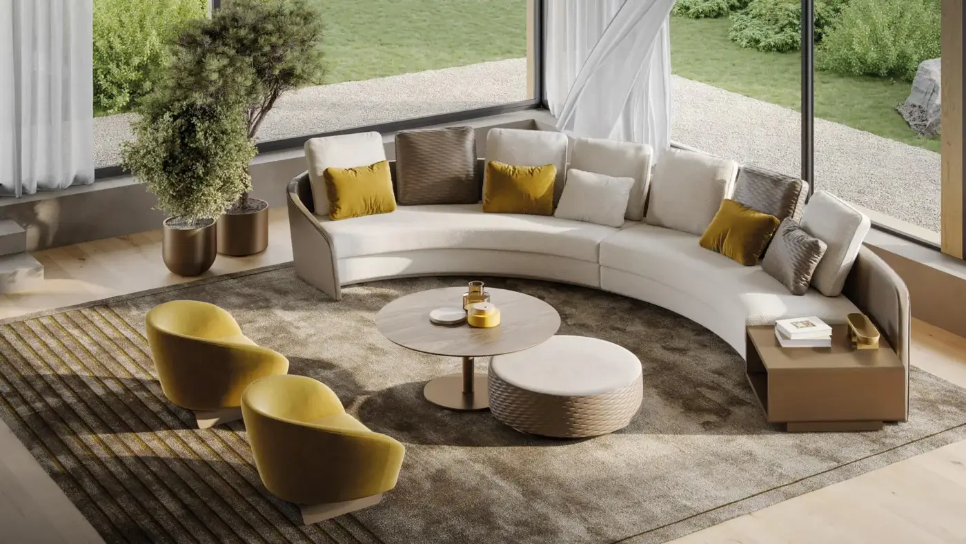 Exceptional Reflex Stratum sectional upholstered in light cream textile with medium brown sides and mustard yellow cushions