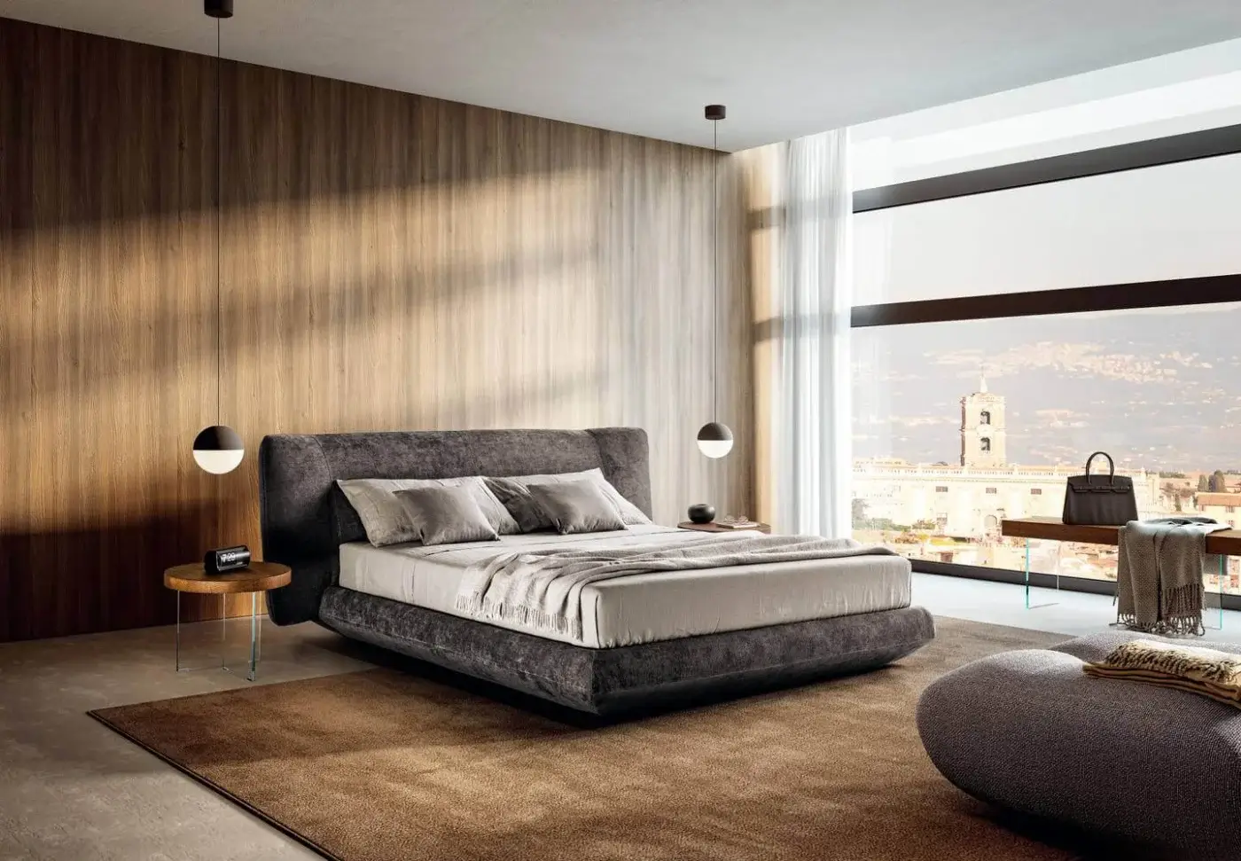 Superior Lago Bed-In bed with dark gray textile upholstery and original flared shaping at the bottom crafted in Italy