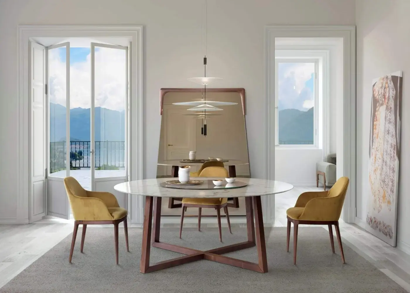 Harmonious Pacini & Cappellini Aliante table with polished natural marble and solid ash in a brown finish