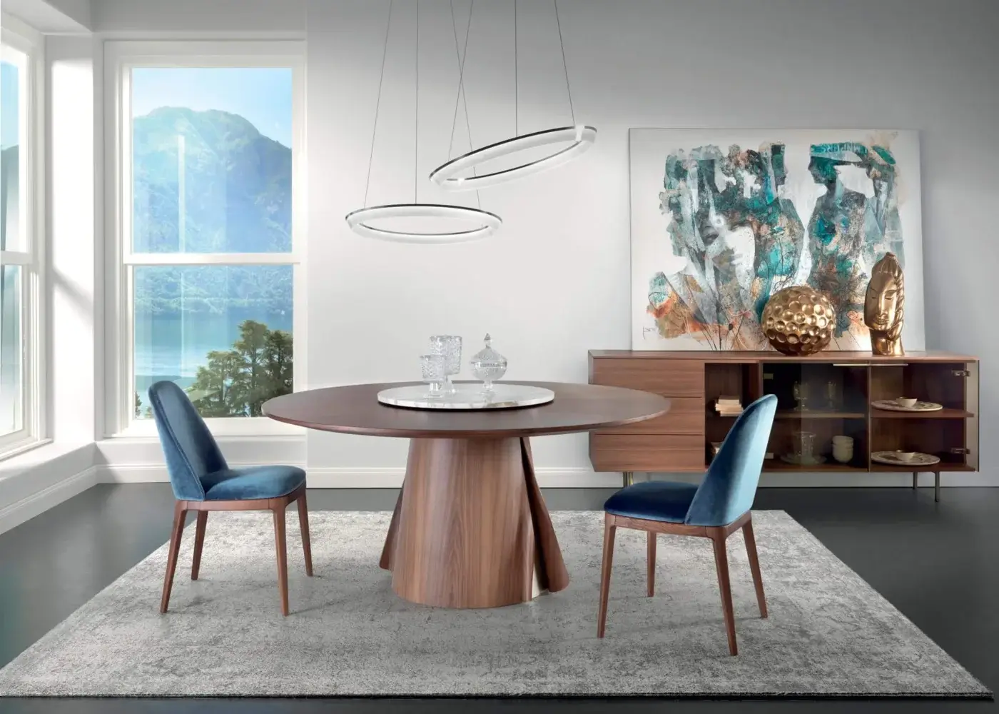 Superior Pacini & Cappellini Becky chair with wooden structure and softly padded shell upholstered in blue textile