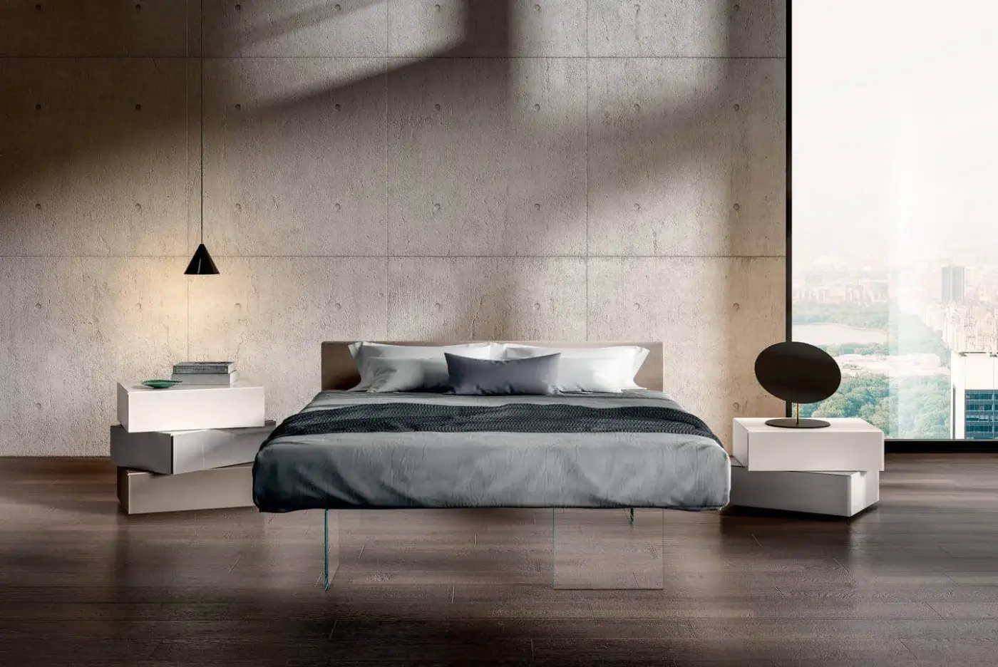 Innovative Lago Morgana nightstand with rotating drawers in white, light grey, and beige, crafted with XGlass and a matte finish