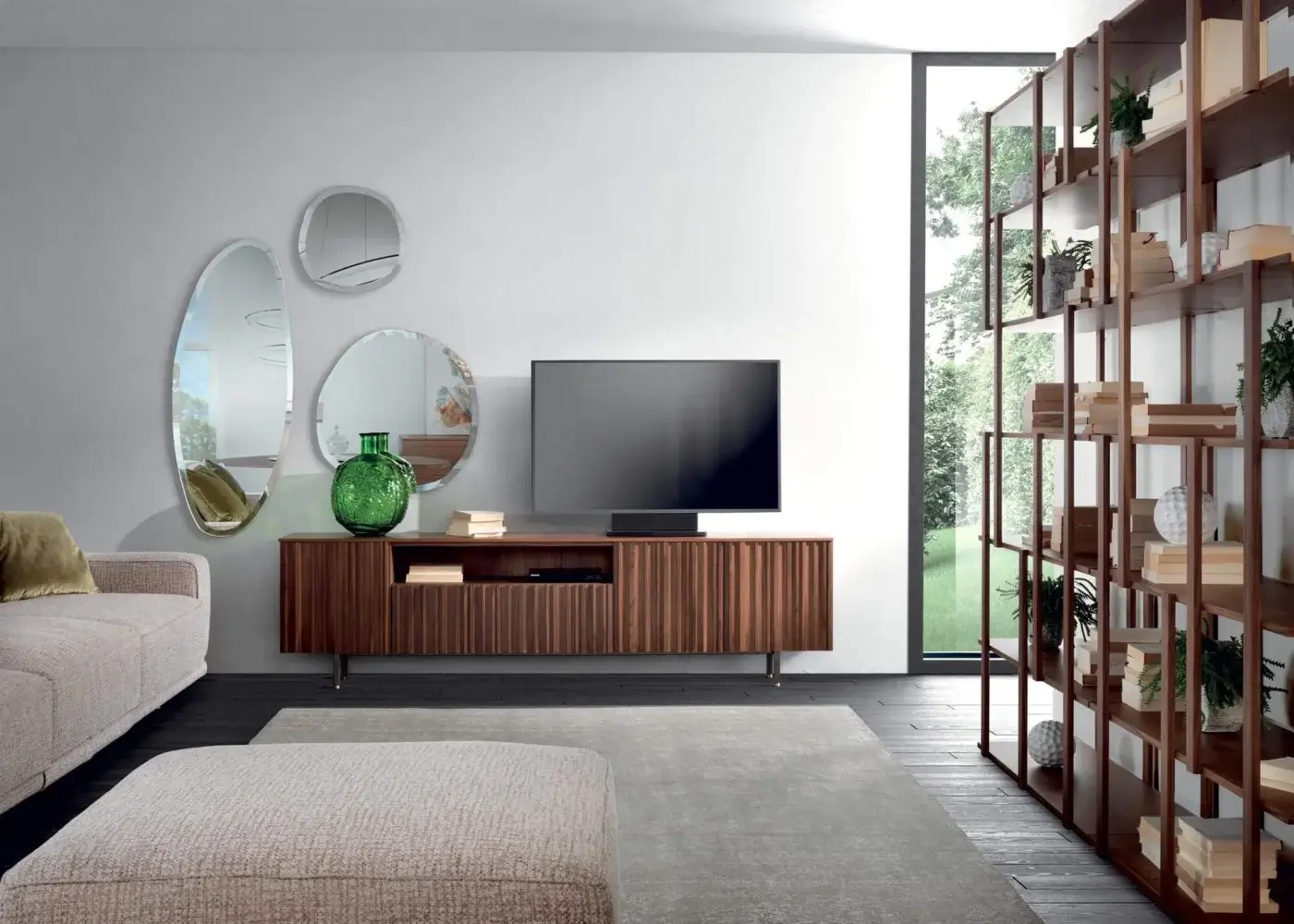 Exceptional Pacini & Cappellini Line TV stand crafted in dark brown wood with matte finish and sleek legs offering ample storage