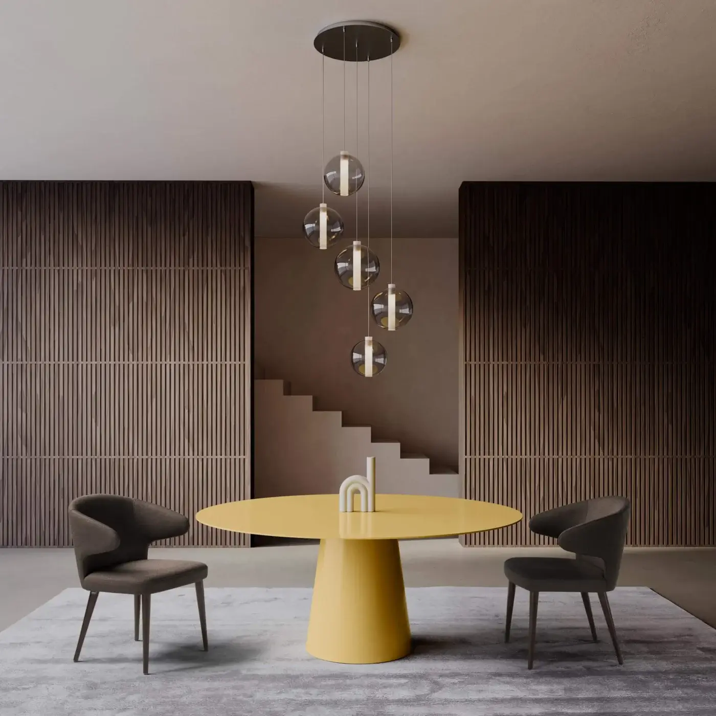 Exceptional Pacini & Cappellini Nora armchair upholstered in dark gray textile with dark brown solid wood legs