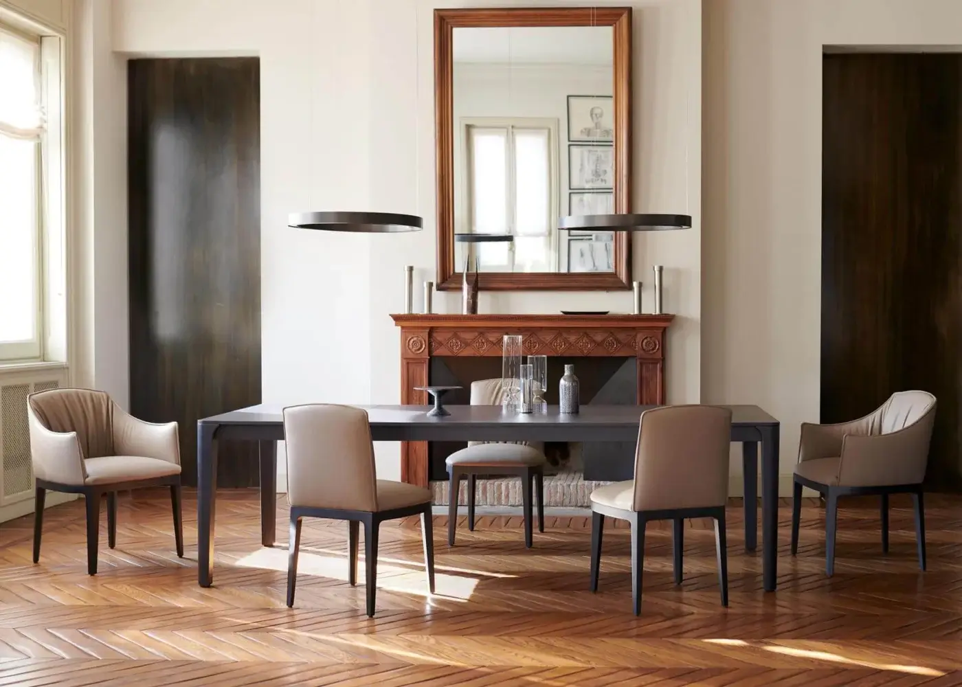 Distinguished Potocco Blossom armchair with ash wood structure and plush beige textile upholstery, showcasing a rippled back design