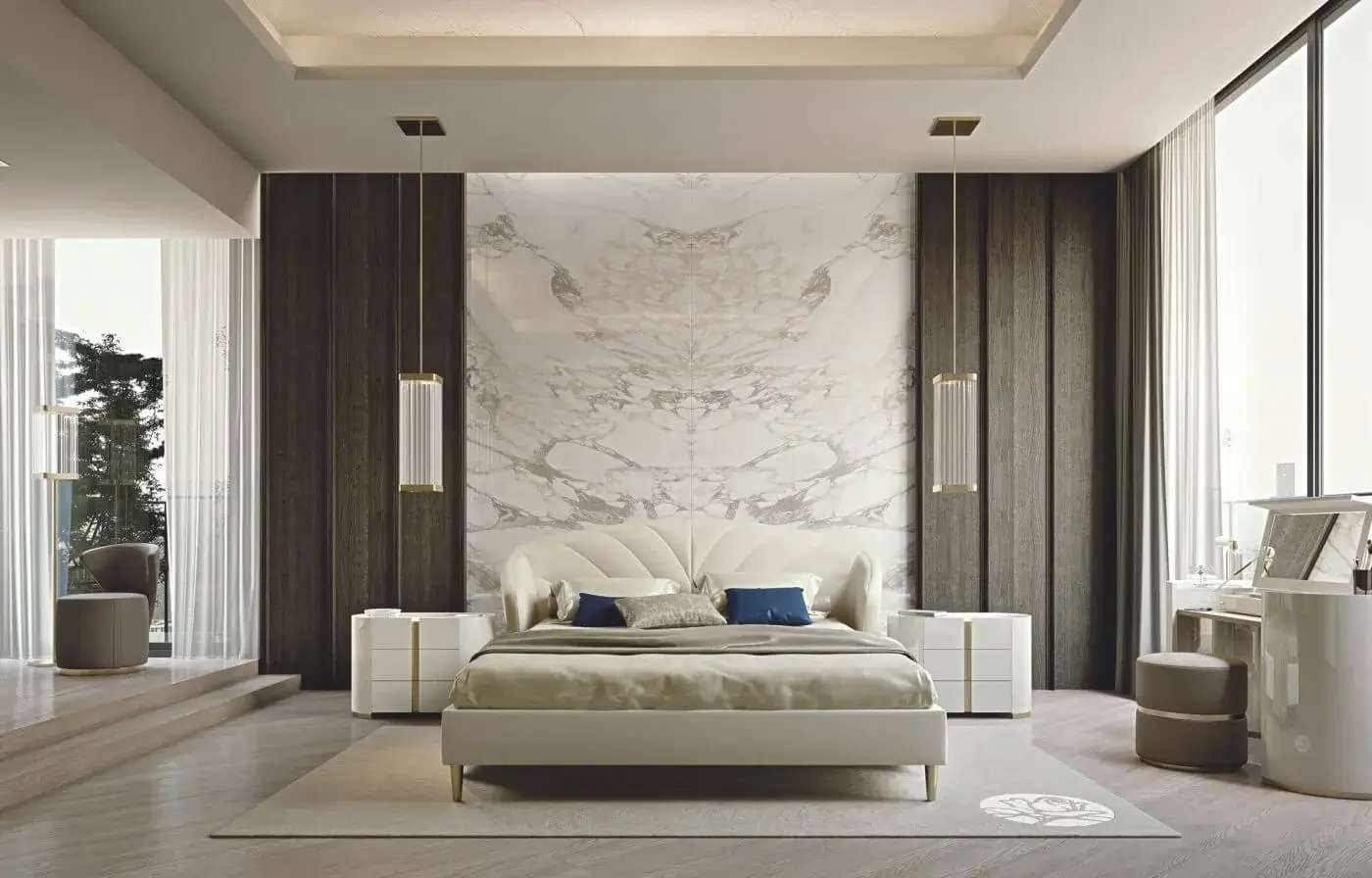 Exceptional Bizzotto Italia Wave bed with light cream textile upholstery and gold-colored slender legs