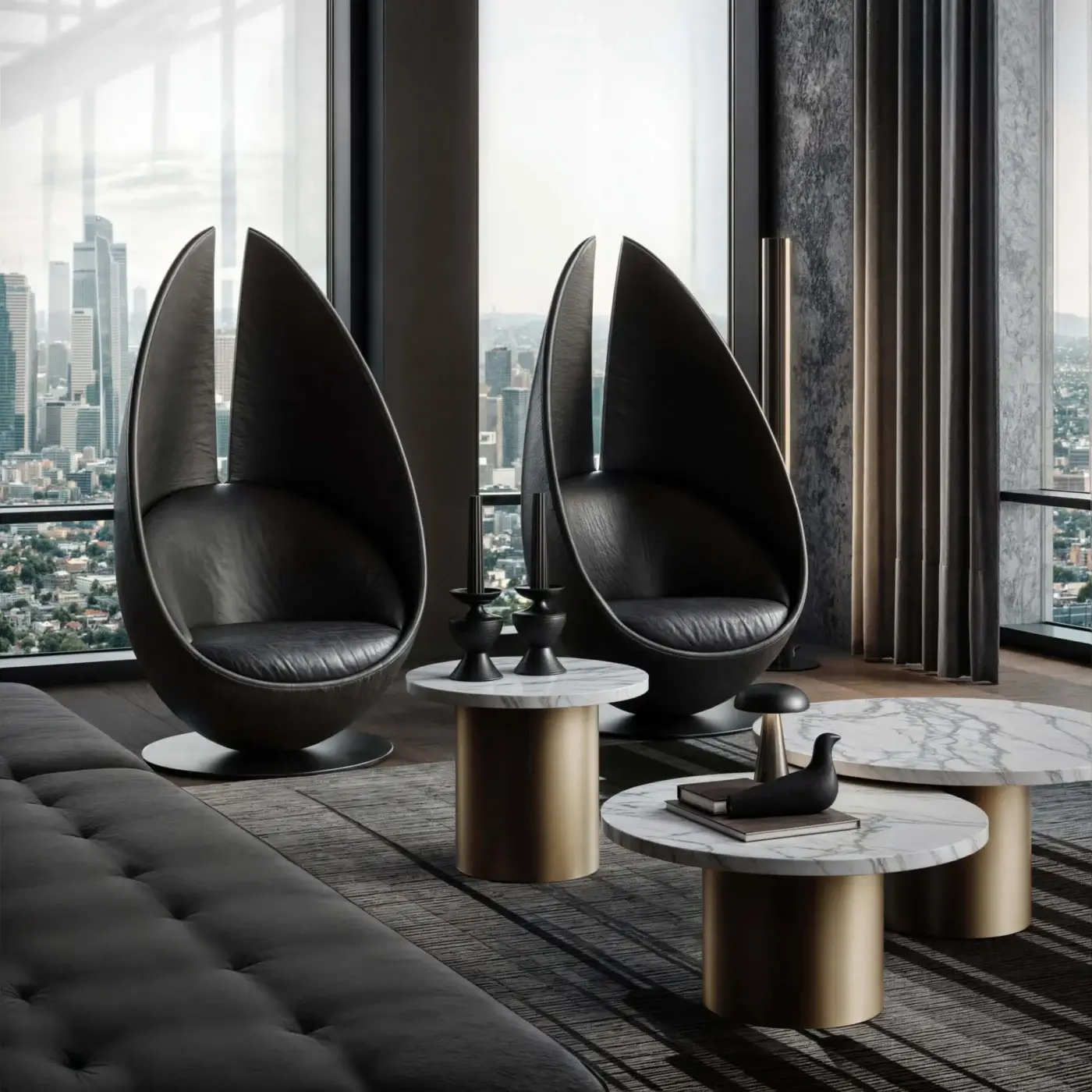 Exclusive CONTROVENTO WAYNE Enterprises WE-003H lounge chair in dark leather with a glossy black metal swivel base