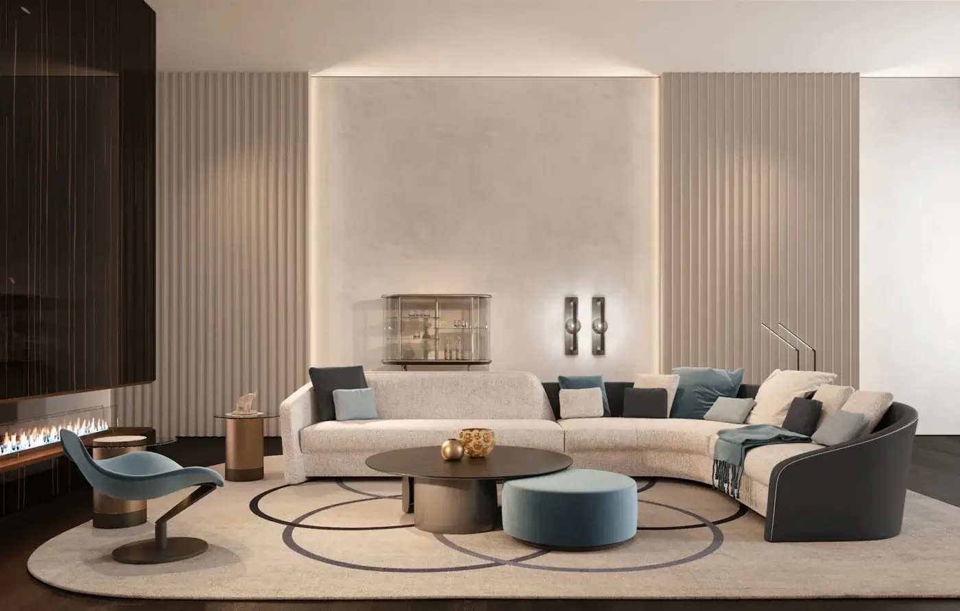 Refined Reflex Stratum sectional upholstered in light beige fabric with tonal blue, grey cushions presents a curved Italian design