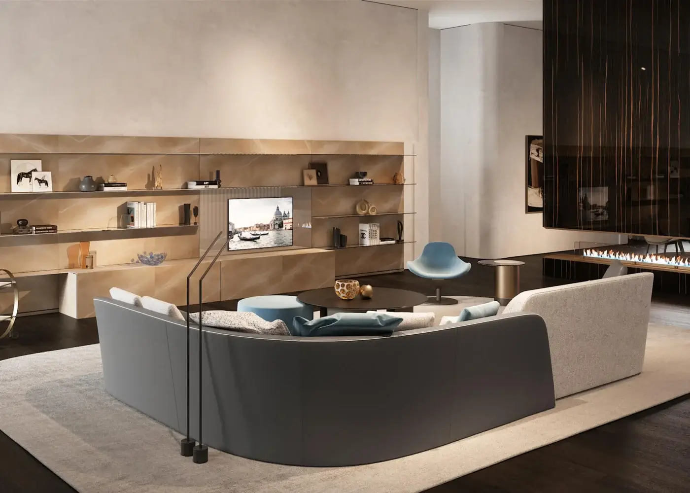 Distinguished Reflex Stratum sectional crafted in Italy with light beige textile upholstery and dark gray structure, accented with blue cushions