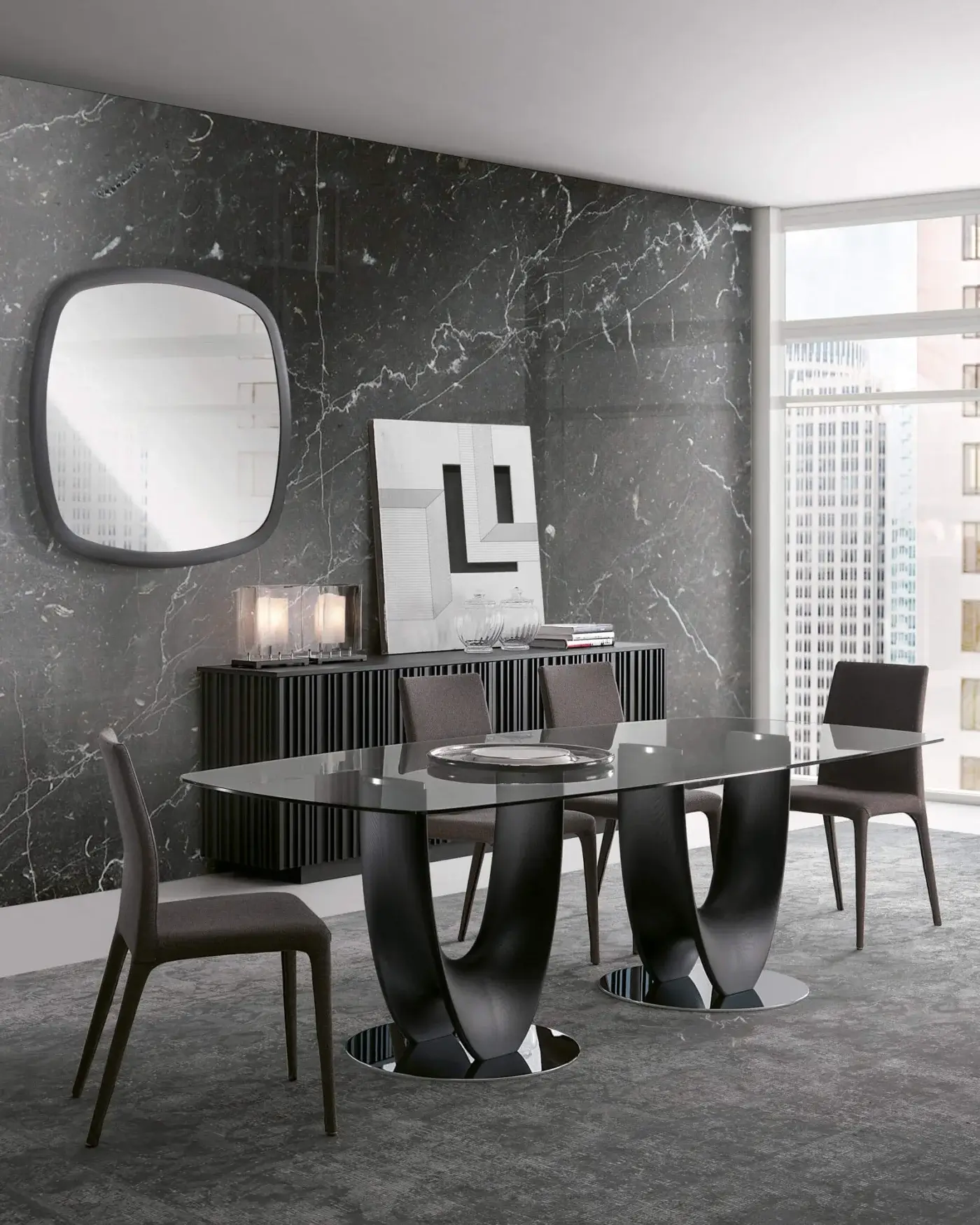 Elegant Pacini & Cappellini Axis table with a tempered glass top and dark finished sculptural wooden bases accented with chromed metal