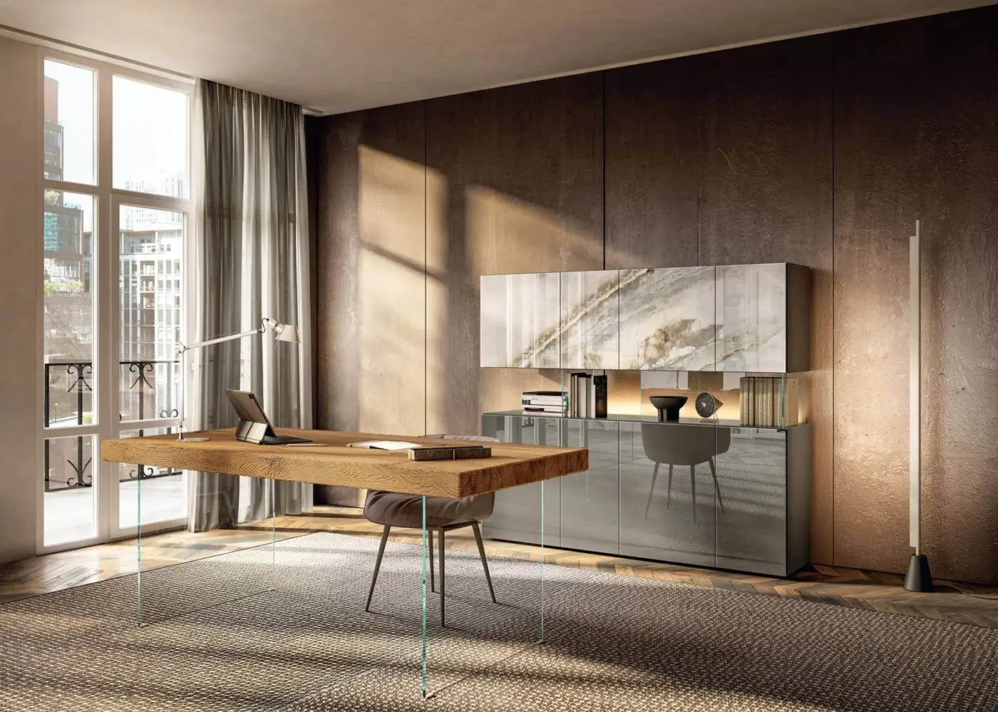 Distinguished Lago Air cupboard with light gray, white, and beige XGlass and reflective gray surfaces built with transparent tempered glass