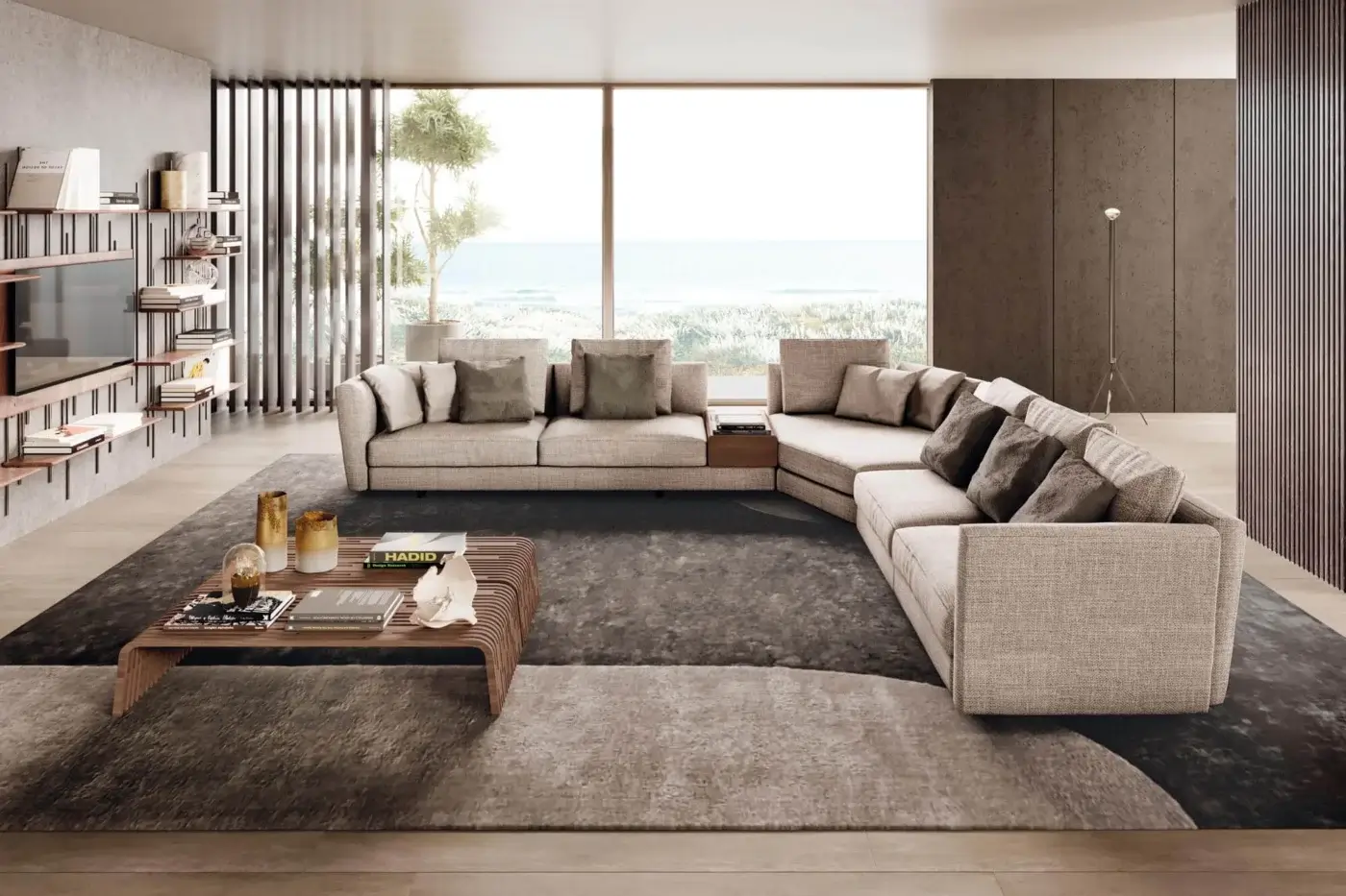 Distinguished Pacini & Cappellini Ester sectional upholstered in light beige woven fabric with a raised wooden base