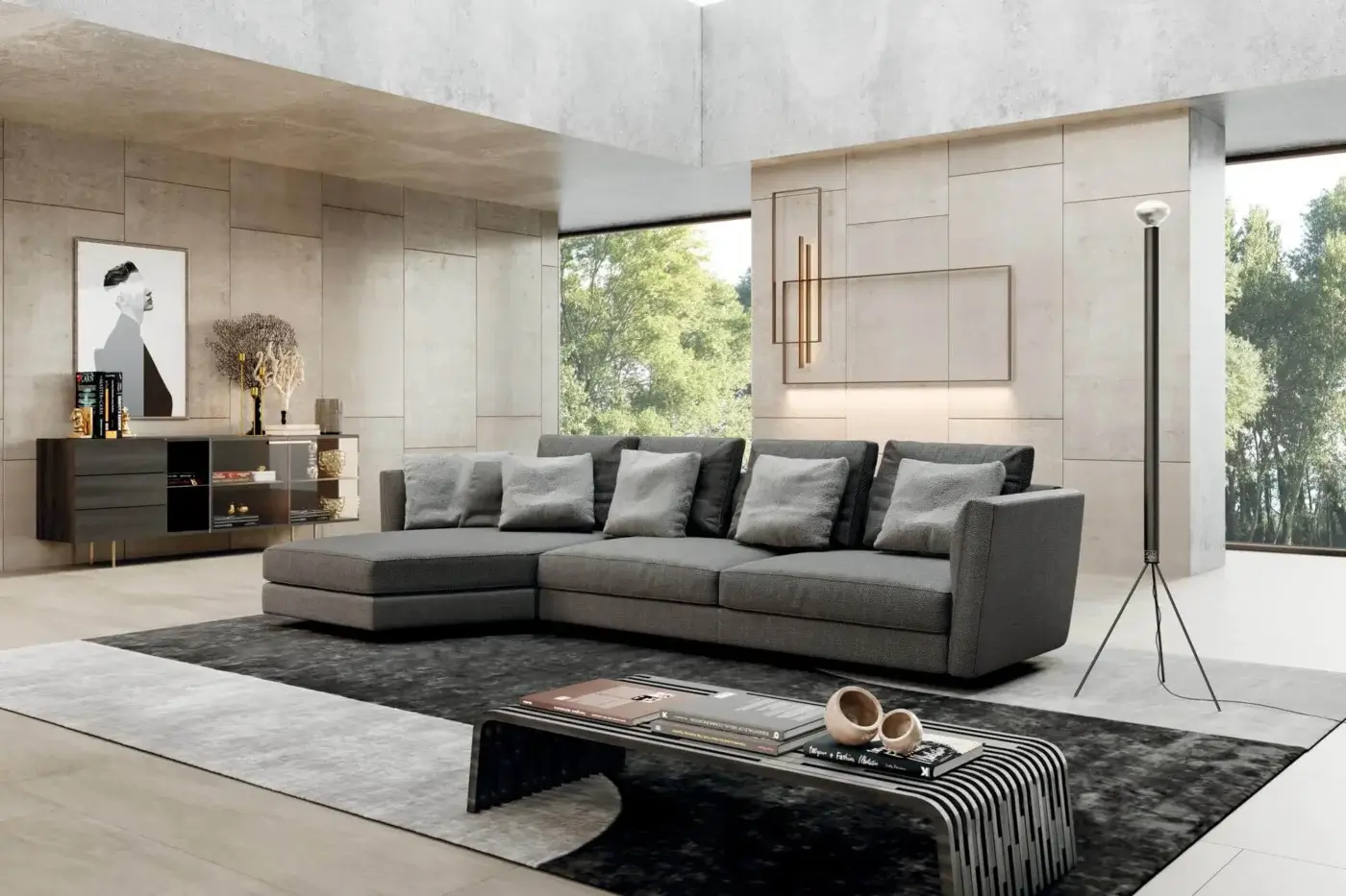 Exceptional Pacini & Cappellini Ester sectional upholstered in gray textile with a skilled wood structure and inclined padded armrests
