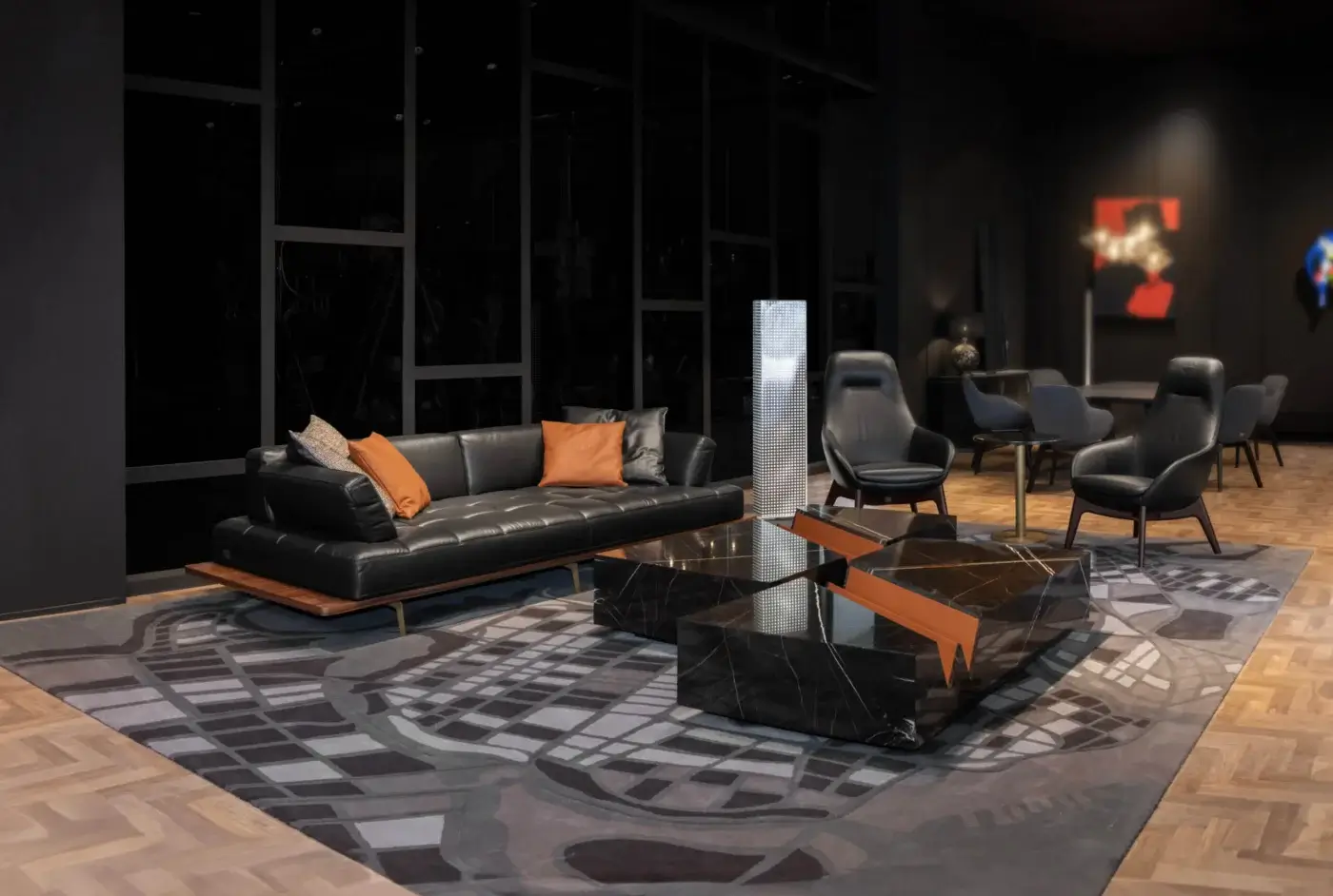 Elegant WAYNE Enterprises WE-004 coffee table with rectangular marble blocks and a lacquered base crafted in Italy