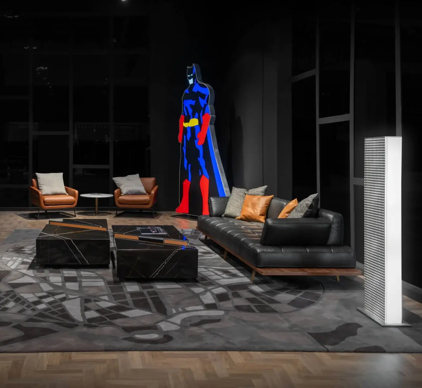 Elegant WAYNE Enterprises WE-113 lounge chair with dark marble-like material and wood-like strip, glossy finish